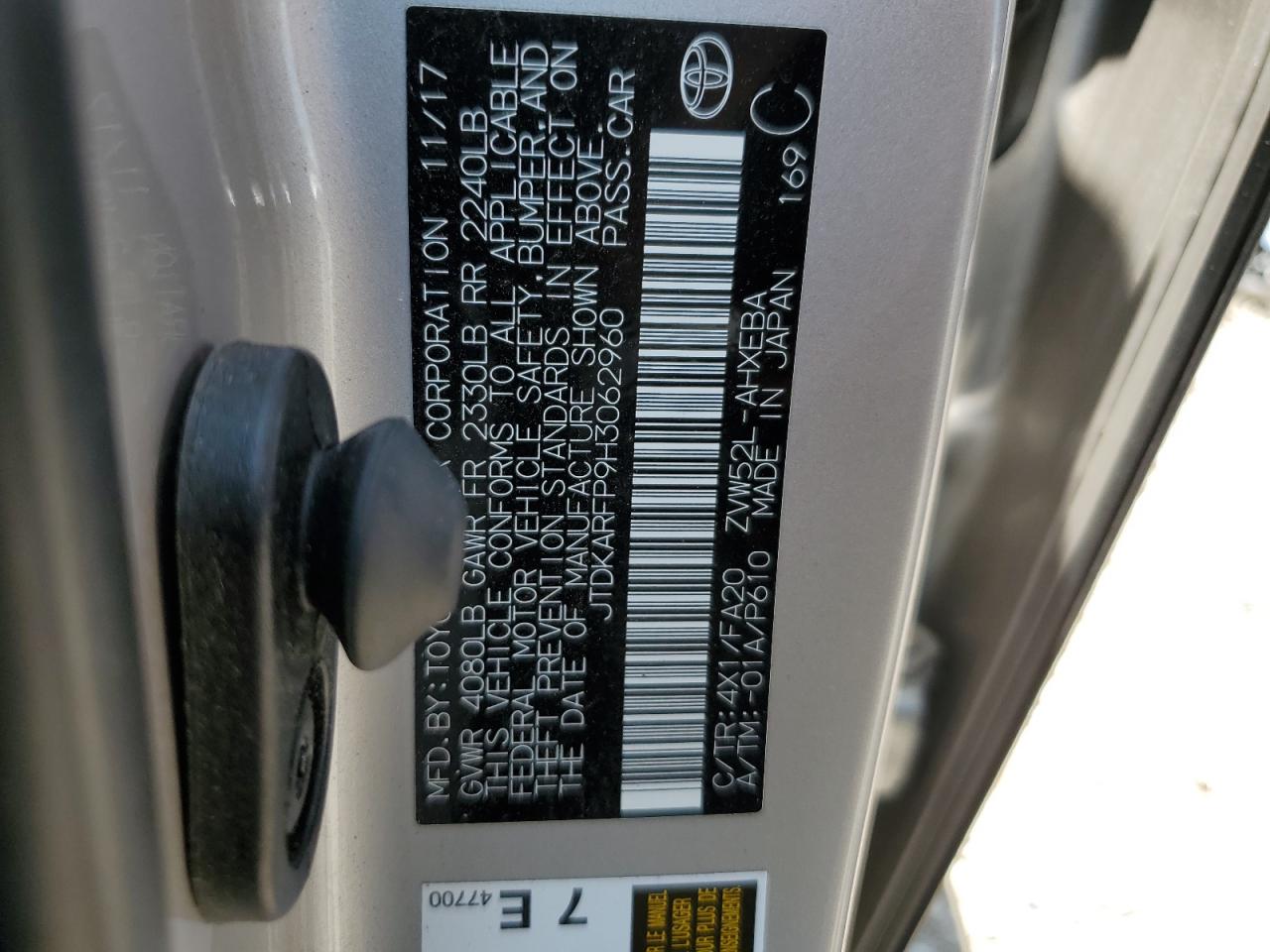 2017 Toyota Prius Prime VIN: JTDKARFP9H3062960 Lot: 59908075