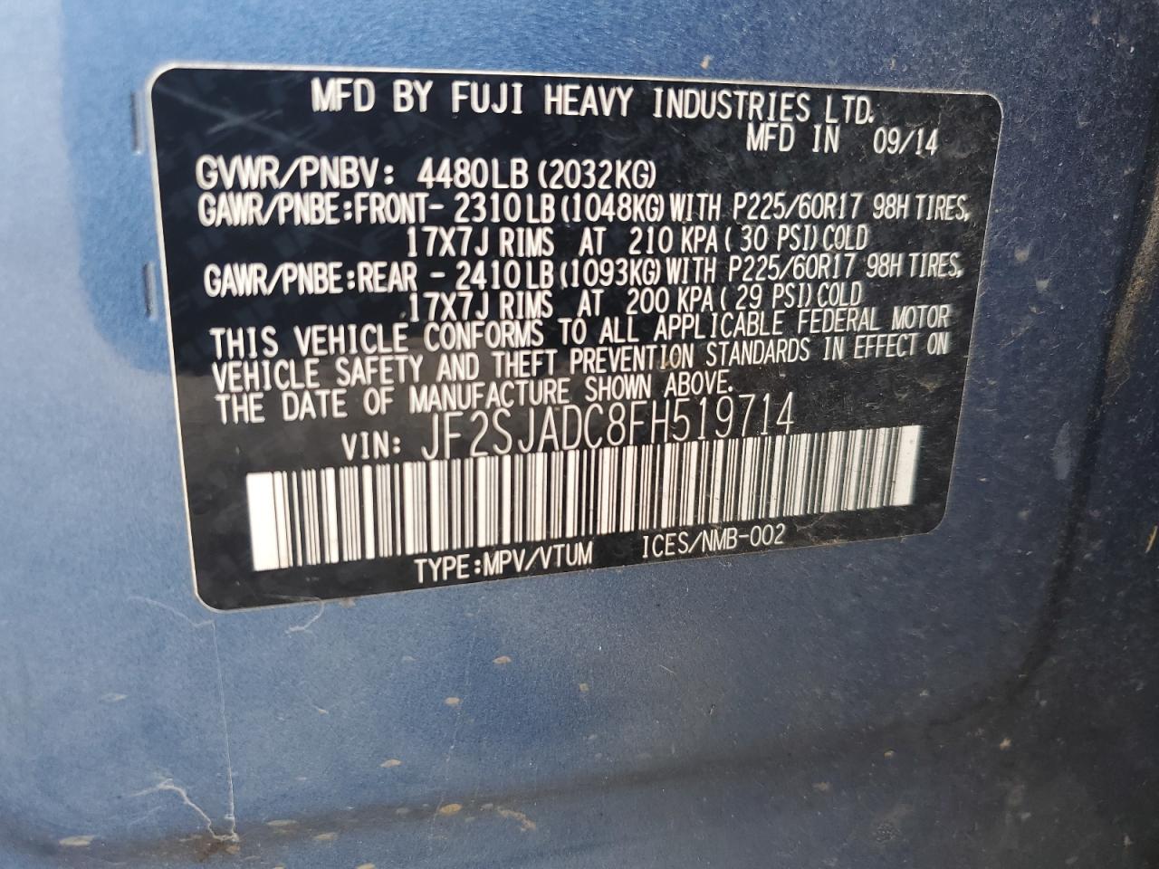 2015 Subaru Forester 2.5I Premium VIN: JF2SJADC8FH519714 Lot: 62868675