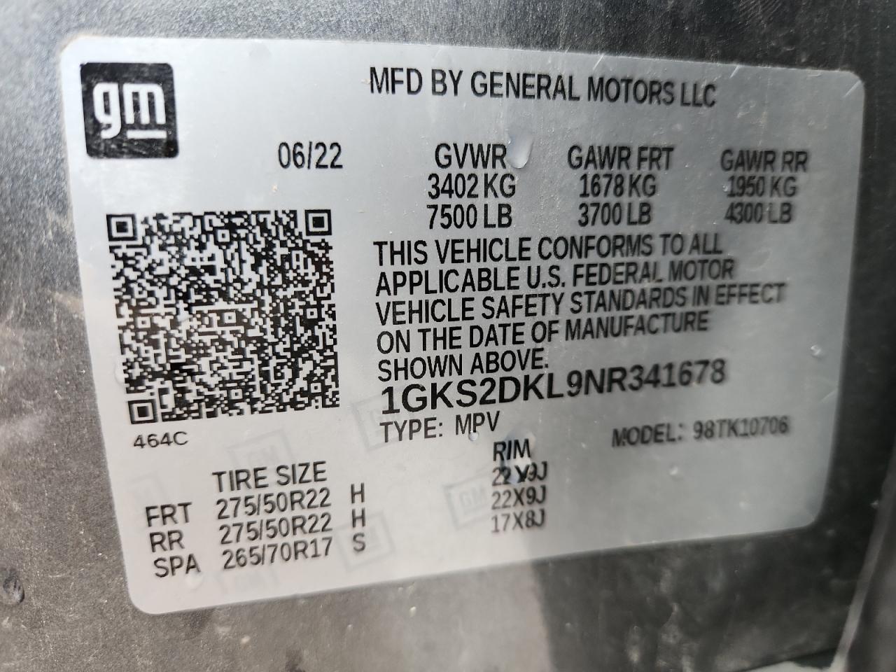 2022 GMC Yukon Denali VIN: 1GKS2DKL9NR341678 Lot: 61063935