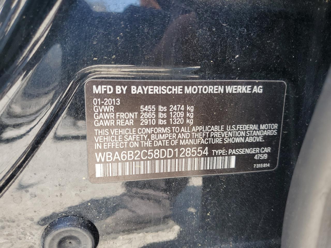 2013 BMW 650 I VIN: WBA6B2C58DD128554 Lot: 61953825