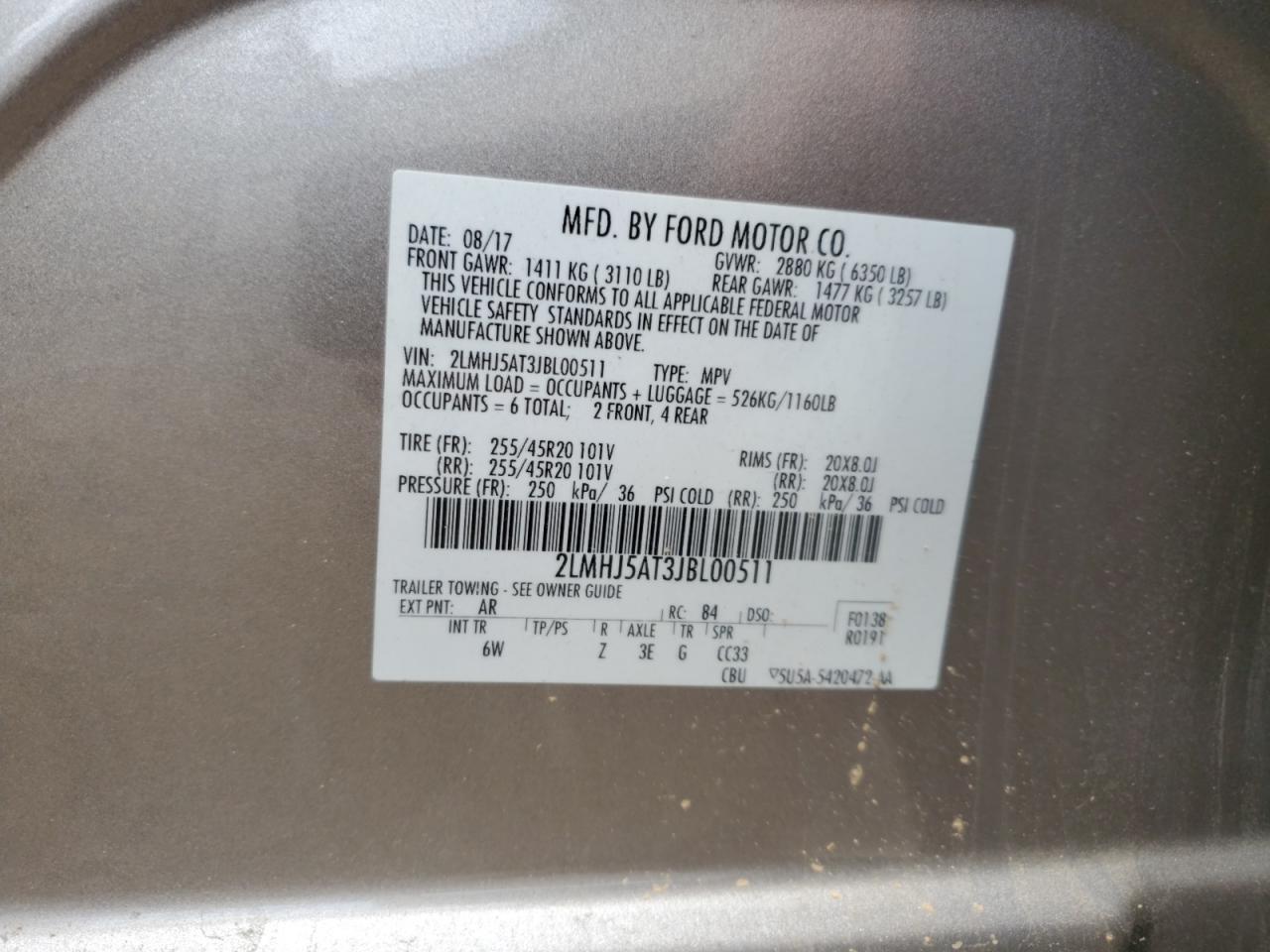 2018 Lincoln Mkt VIN: 2LMHJ5AT3JBL00511 Lot: 60818315