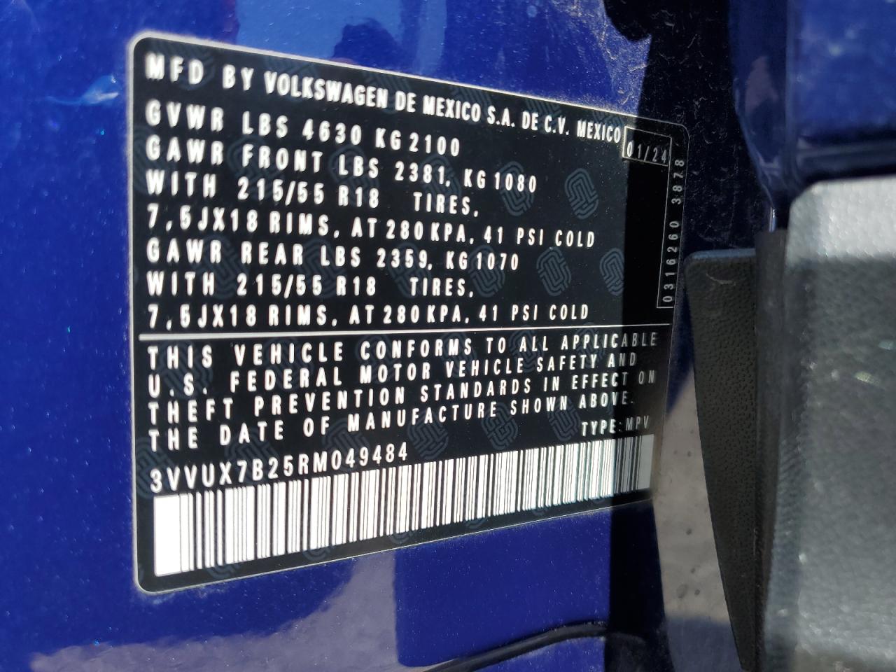 2024 Volkswagen Taos Se VIN: 3VVUX7B25RM049484 Lot: 62148535