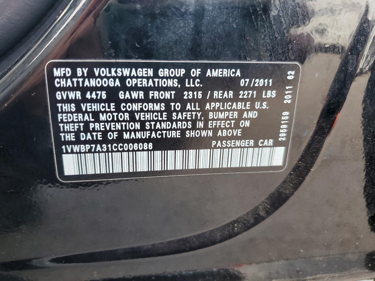 2012 Volkswagen Passat Se VIN: 1VWBP7A31CC006086 Lot: 62414715