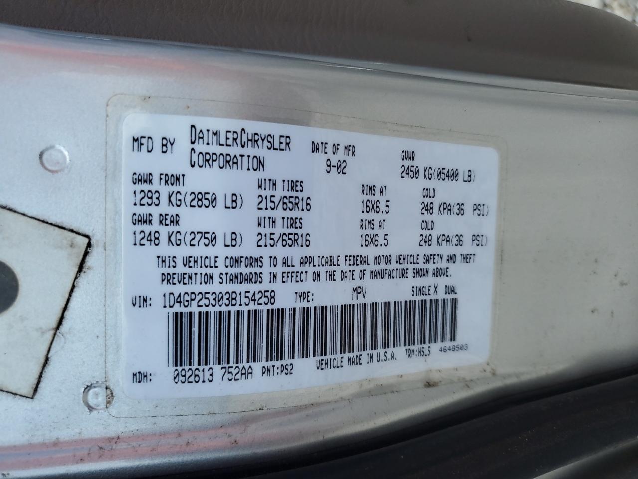 2003 Dodge Caravan Se VIN: 1D4GP25303B154258 Lot: 61371195