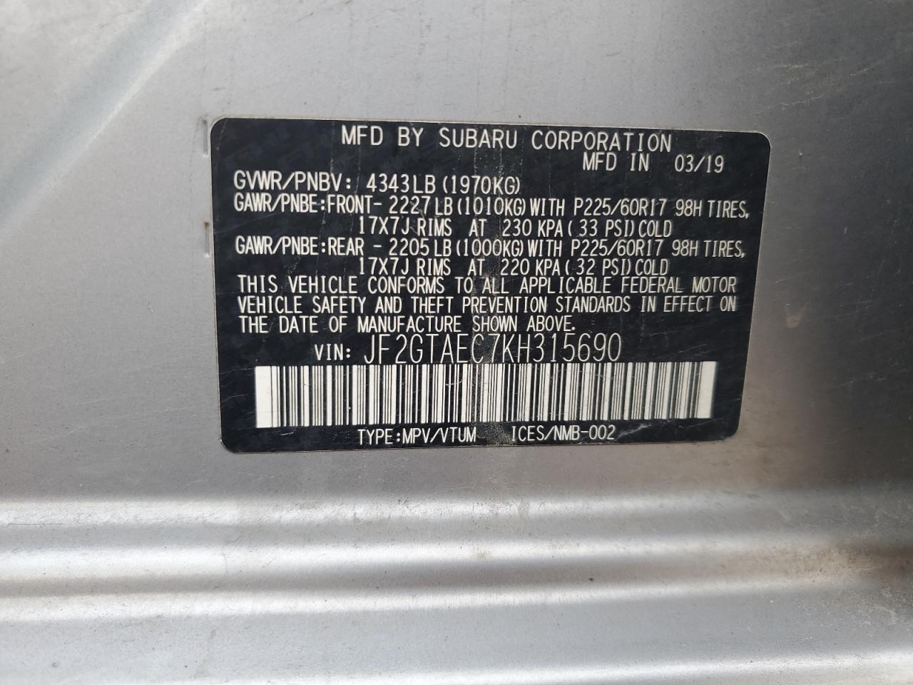 2019 Subaru Crosstrek Premium VIN: JF2GTAEC7KH315690 Lot: 60807635