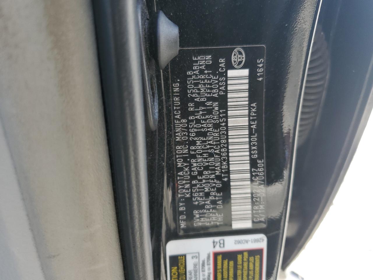 2008 Toyota Avalon Xl VIN: 4T1BK36B28U304511 Lot: 61224545