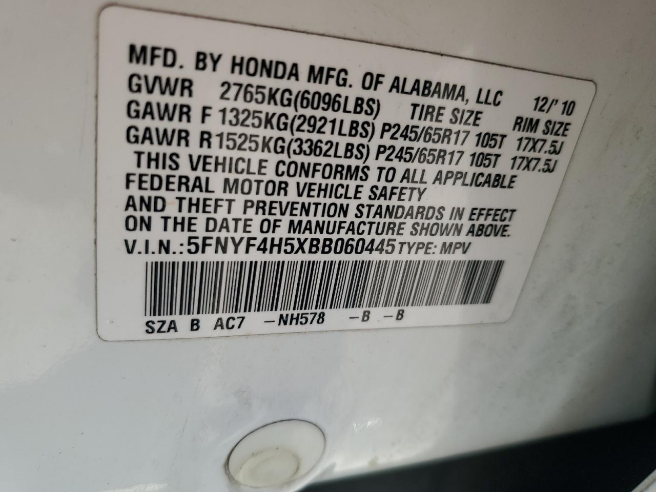 2011 Honda Pilot Exl VIN: 5FNYF4H5XBB060445 Lot: 62772425