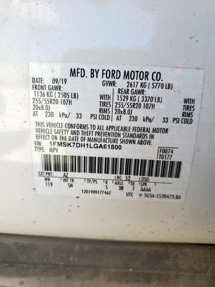 2020 Ford Explorer Xlt VIN: 1FMSK7DH1LGA61800 Lot: 61078855