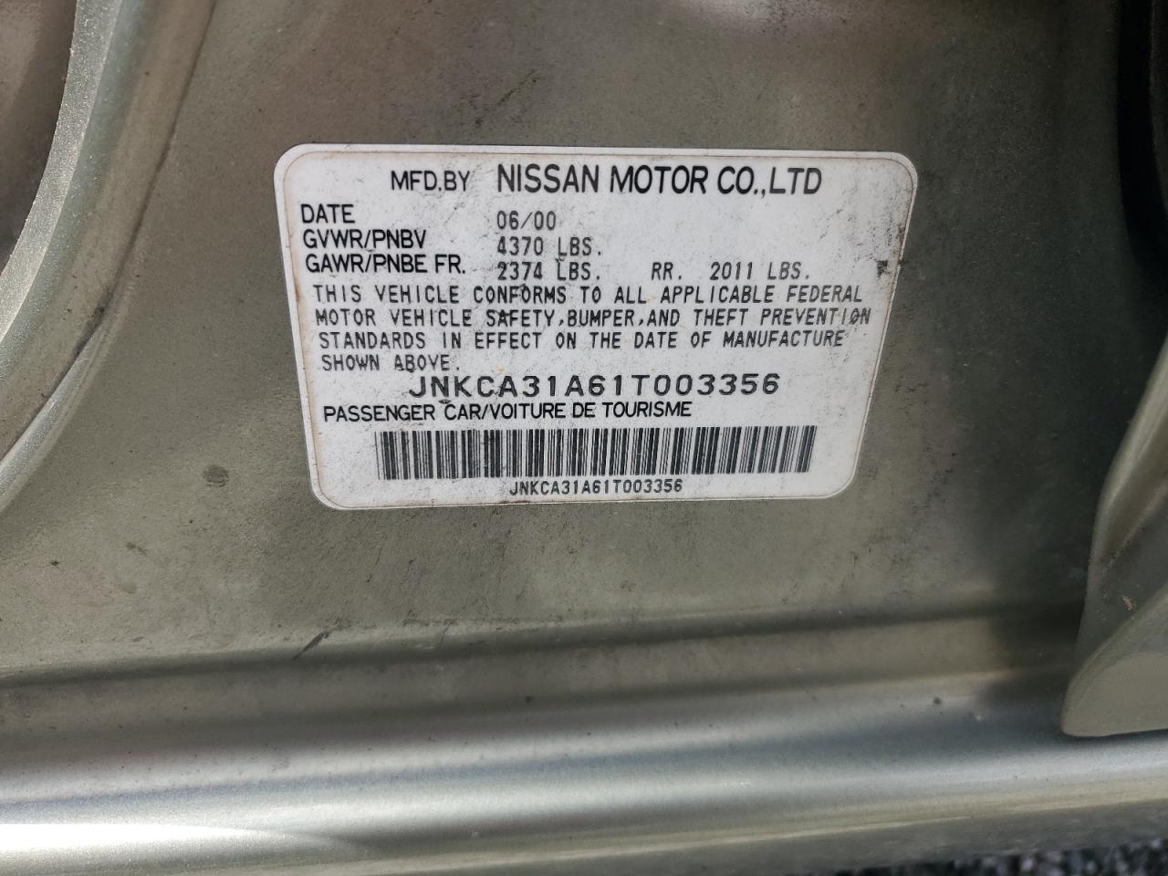 2001 Infiniti I30 VIN: JNKCA31A61T003356 Lot: 61831455