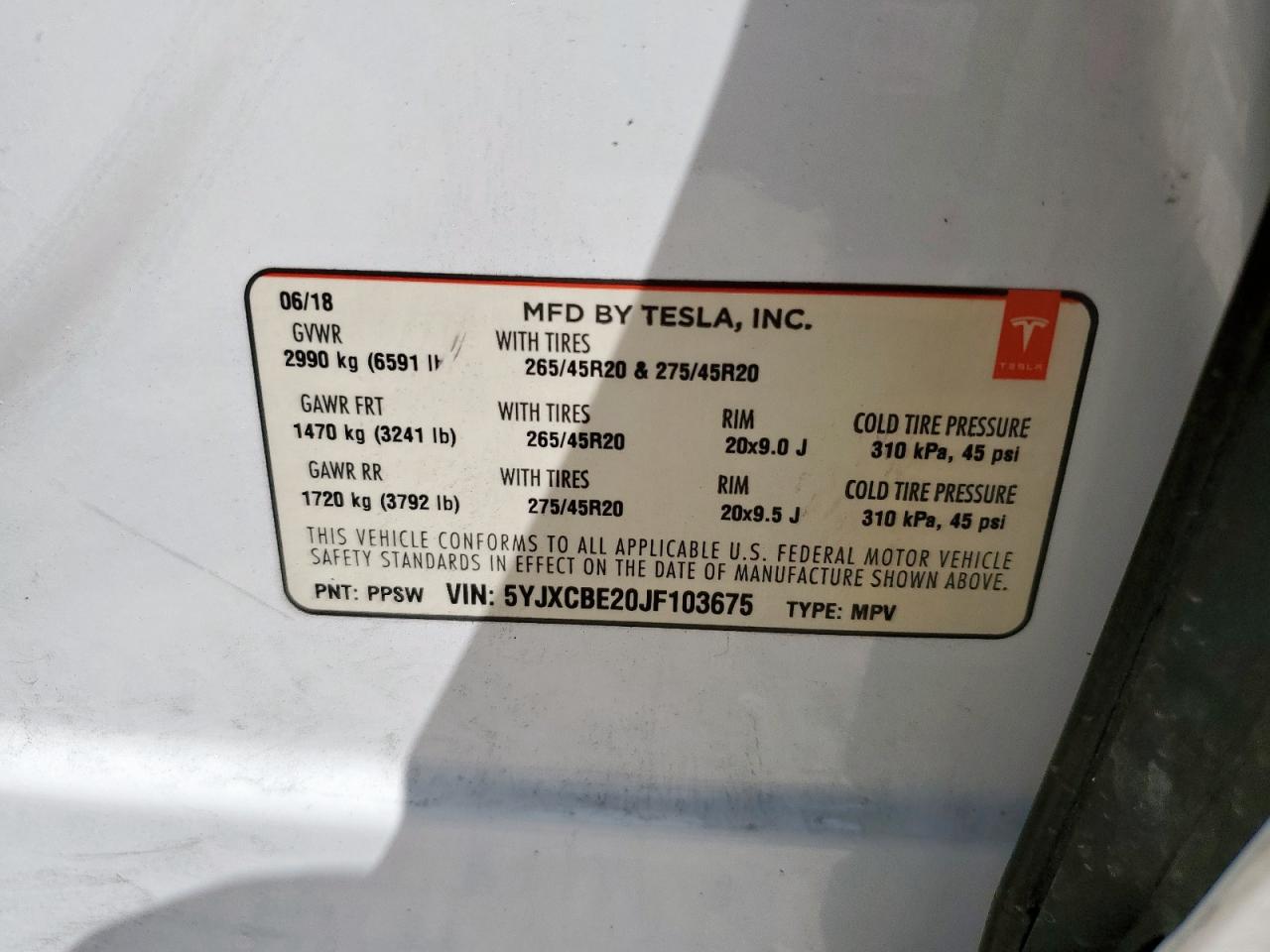 2018 Tesla Model X VIN: 5YJXCBE20JF103675 Lot: 61085705