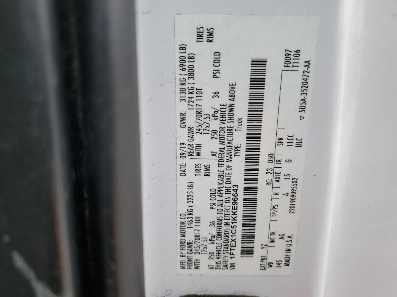 2019 Ford F150 Super Cab VIN: 1FTEX1C51KKE96643 Lot: 58465255