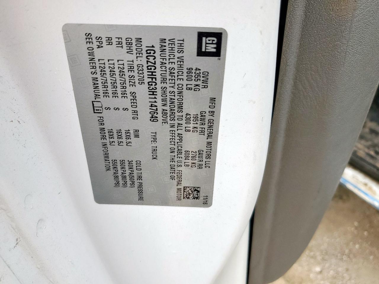 2017 Chevrolet Express G3500 VIN: 1GCZGHFG3H1147649 Lot: 54234555