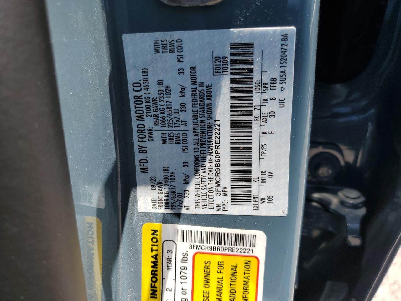 2023 Ford Bronco Sport Big Bend VIN: 3FMCR9B60PRE22221 Lot: 62662645