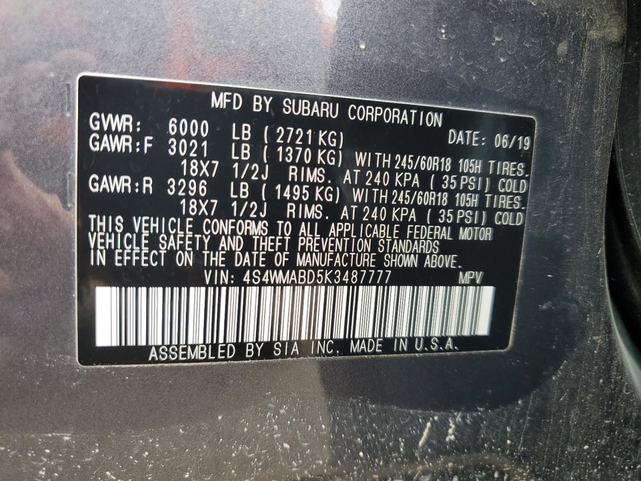 2019 Subaru Ascent Premium VIN: 4S4WMABD5K3487777 Lot: 61837415