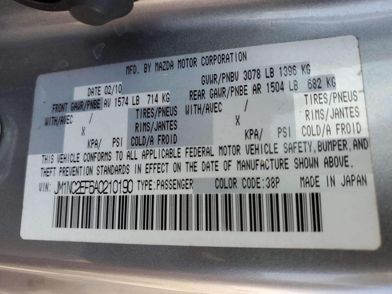 2010 Mazda Mx-5 Miata VIN: JM1NC2EF6A0210190 Lot: 59515185