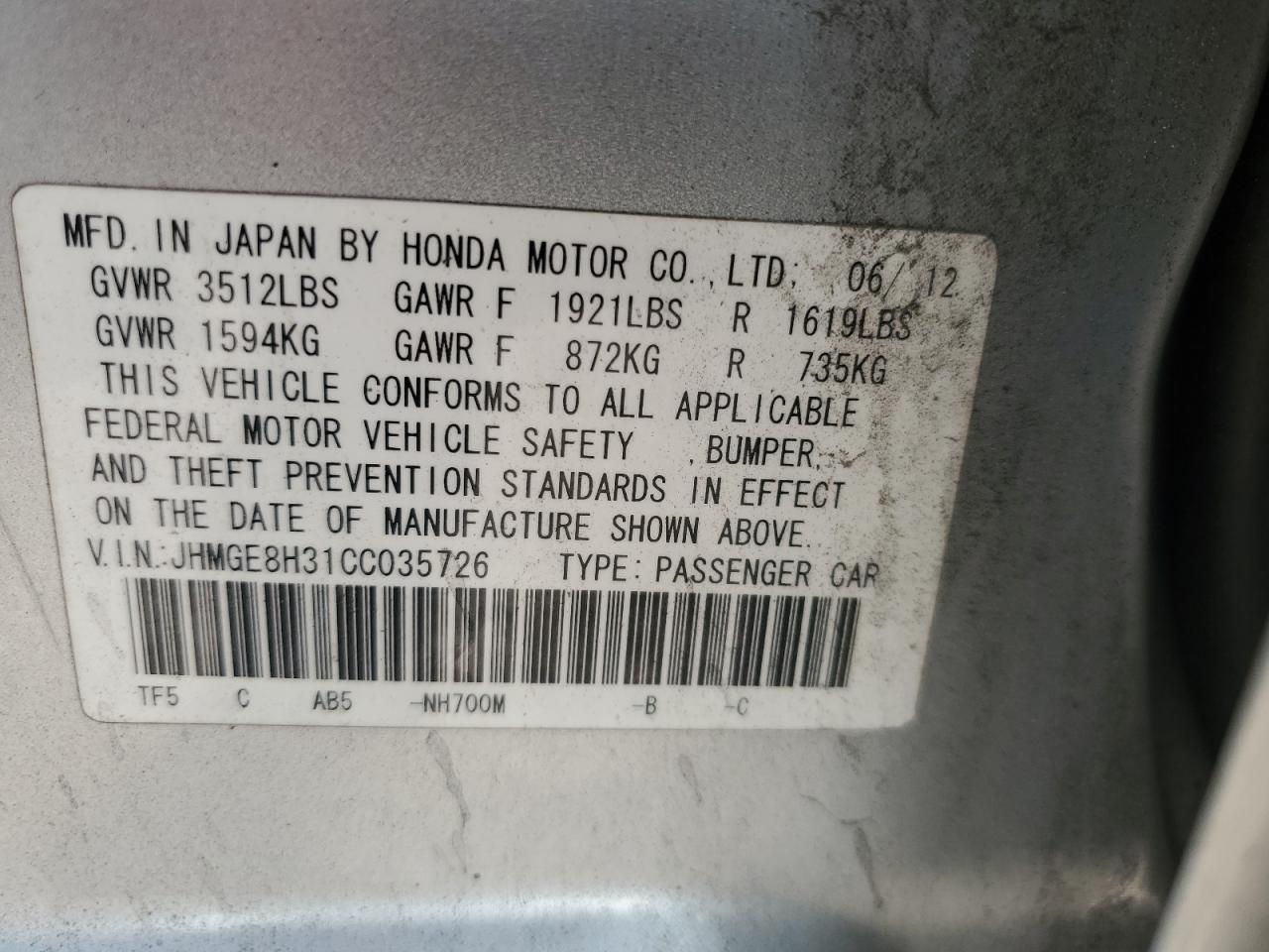 2012 Honda Fit VIN: JHMGE8H31CC035726 Lot: 59662925