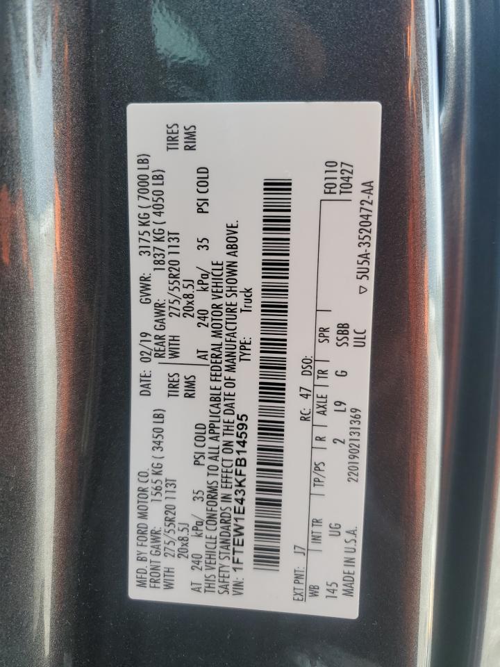 2019 Ford F150 Supercrew VIN: 1FTEW1E43KFB14595 Lot: 61417545