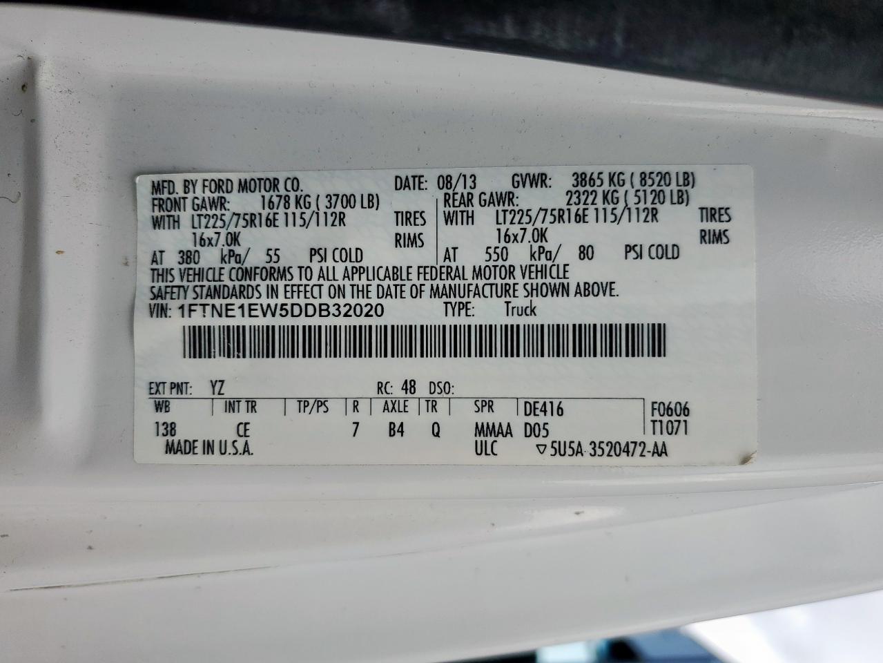 2013 Ford Econoline E150 Van VIN: 1FTNE1EW5DDB32020 Lot: 61619145