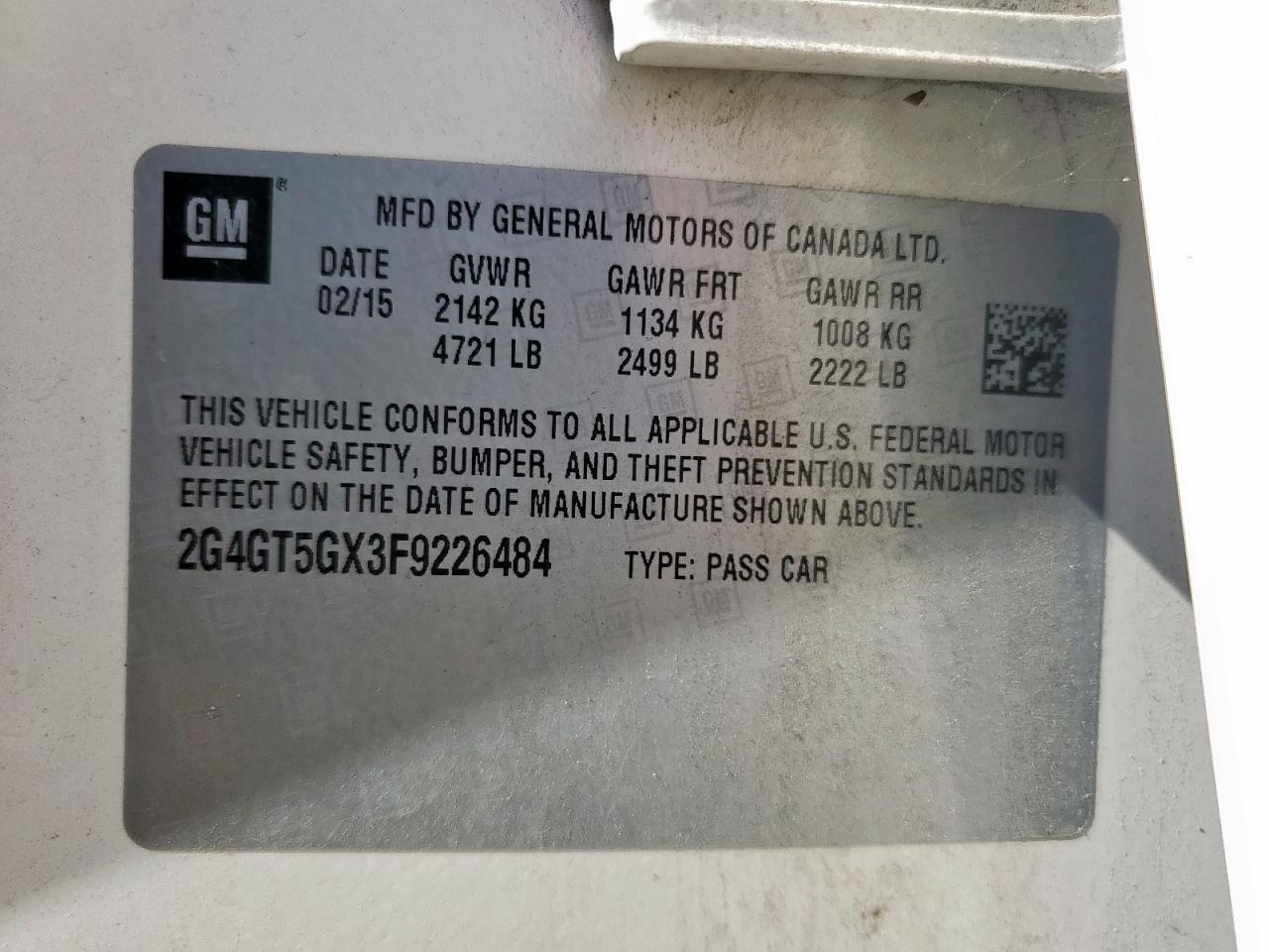 2015 Buick Regal Gs VIN: 2G4GT5GX3F9226484 Lot: 62292075