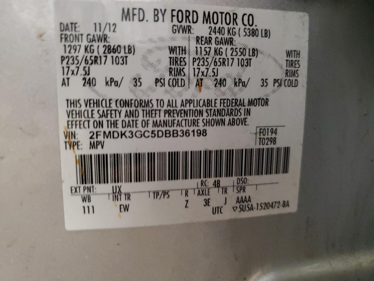 FORD EDGE 2013 VIN 2FMDK3GC5DBB36198 фото 13