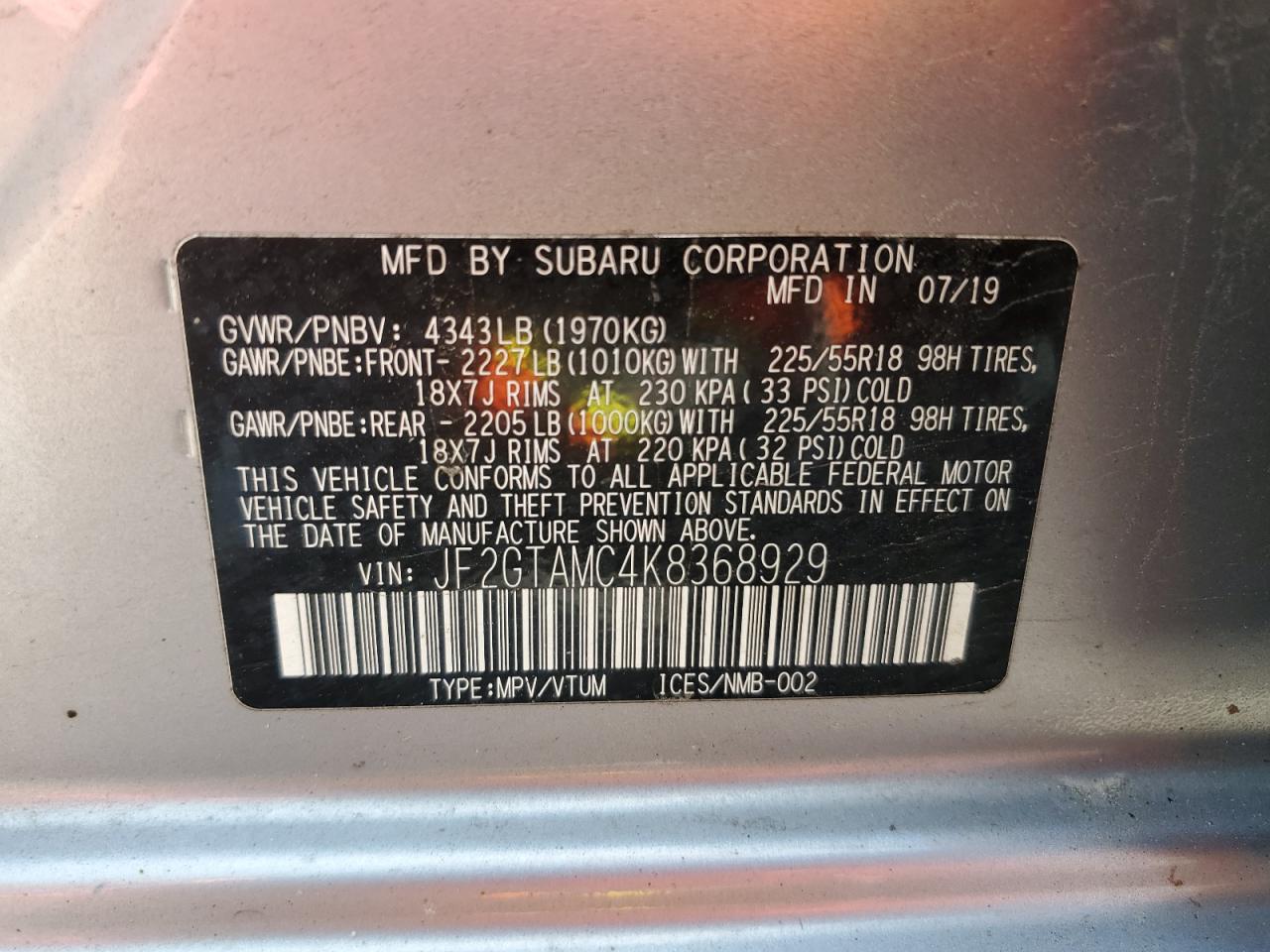 2019 Subaru Crosstrek Limited VIN: JF2GTAMC4K8368929 Lot: 62475375