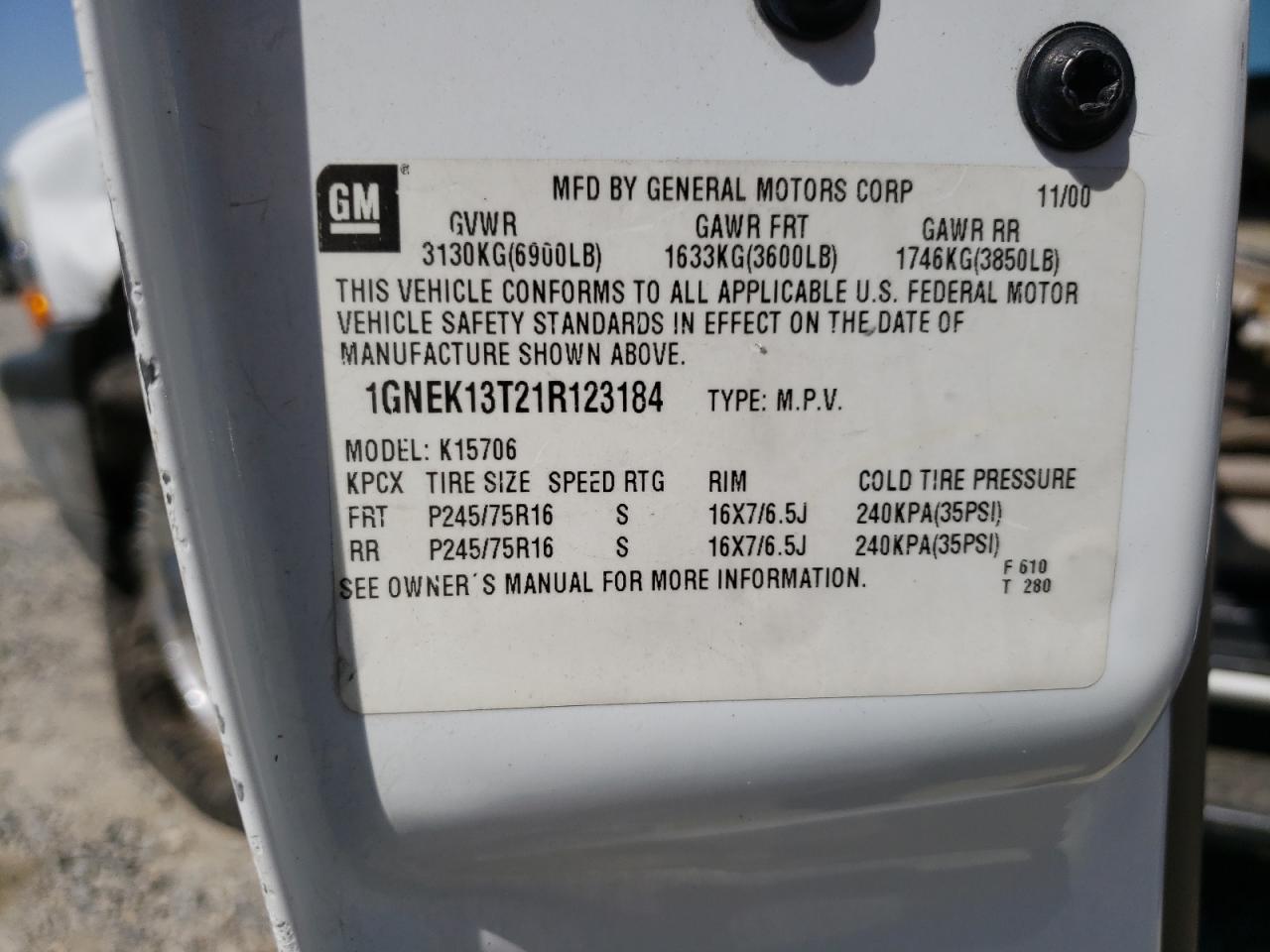 2001 Chevrolet Tahoe K1500 VIN: 1GNEK13T21R123184 Lot: 62379925