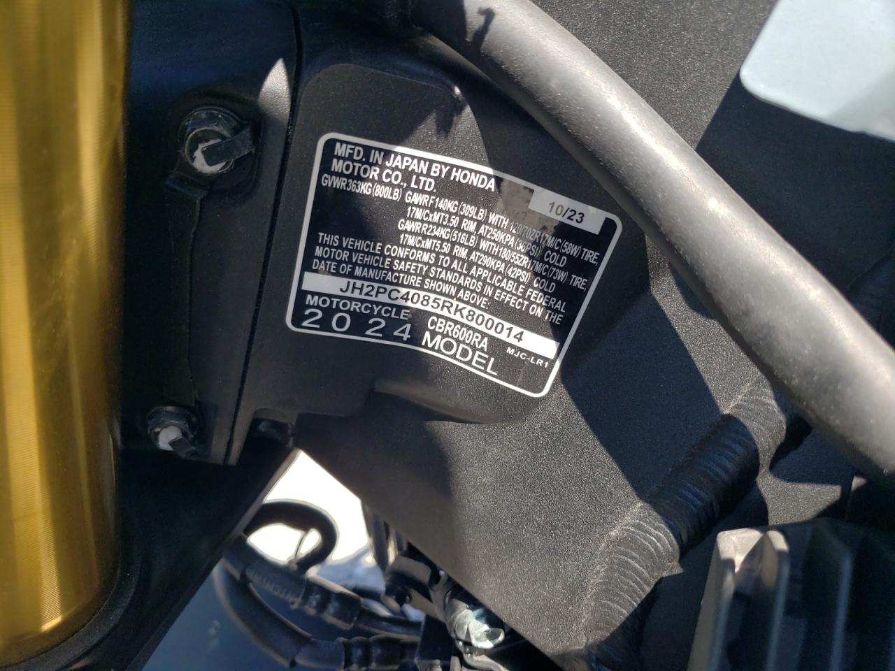 2024 Honda Cbr600 Ra VIN: JH2PC4085RK800014 Lot: 62023645