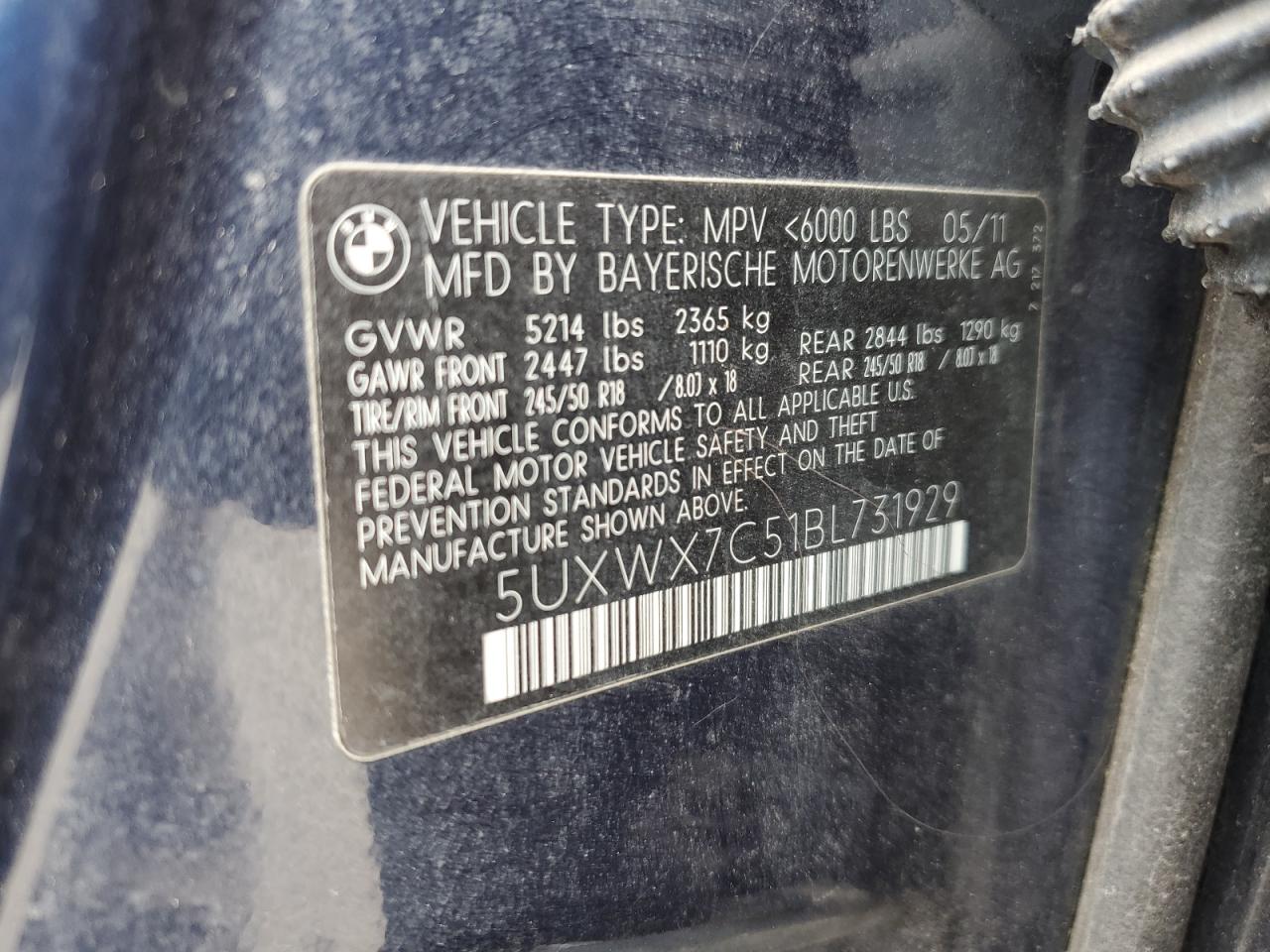 2011 BMW X3 xDrive35I VIN: 5UXWX7C51BL731929 Lot: 62706325