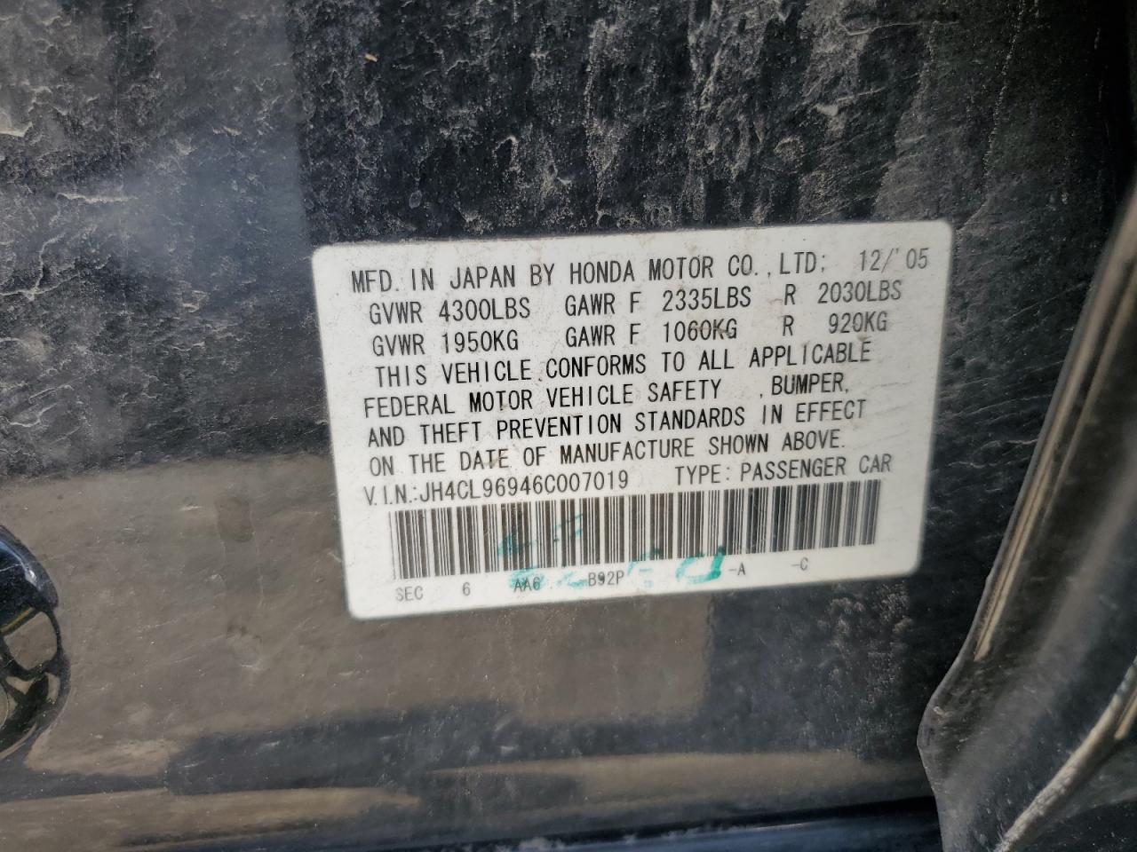 2006 Acura Tsx VIN: JH4CL96946C007019 Lot: 62790095
