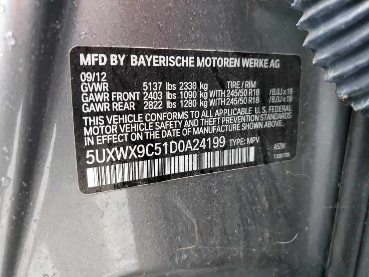 2013 BMW X3 xDrive28I VIN: 5UXWX9C51D0A24199 Lot: 61193915