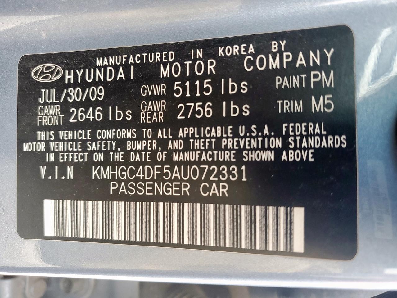 2010 Hyundai Genesis 4.6L VIN: KMHGC4DF5AU072331 Lot: 61832825
