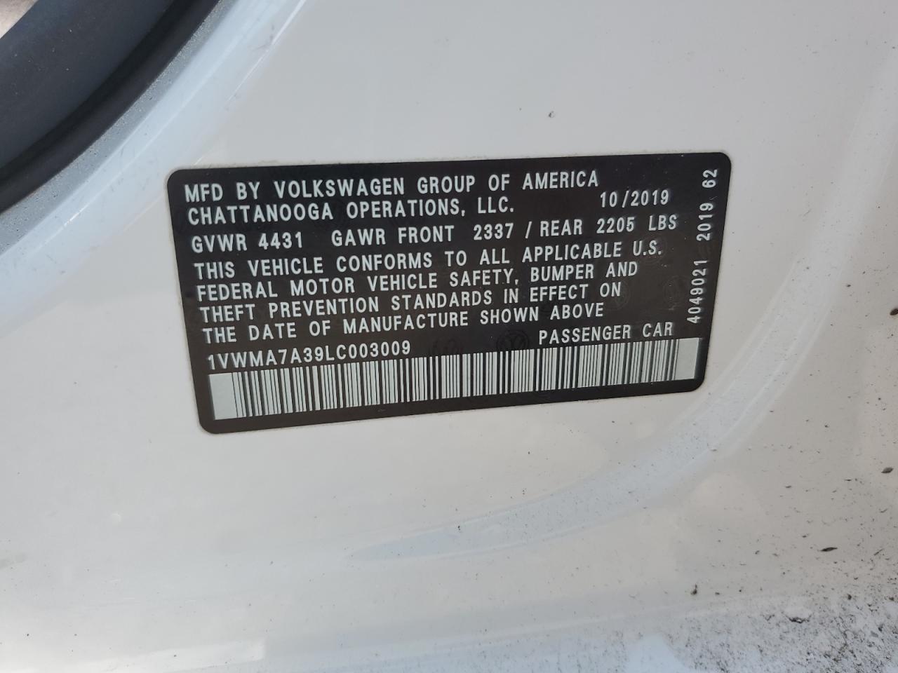 2020 Volkswagen Passat R-Line VIN: 1VWMA7A39LC003009 Lot: 58955305