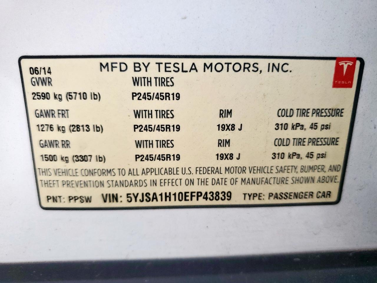 2014 Tesla Model S VIN: 5YJSA1H10EFP43839 Lot: 60768075