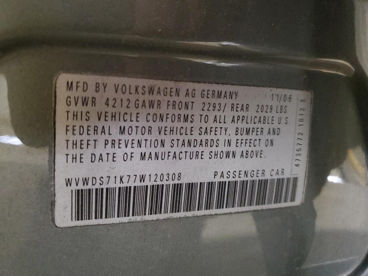 2007 Volkswagen Rabbit VIN: WVWDS71K77W120308 Lot: 62408865