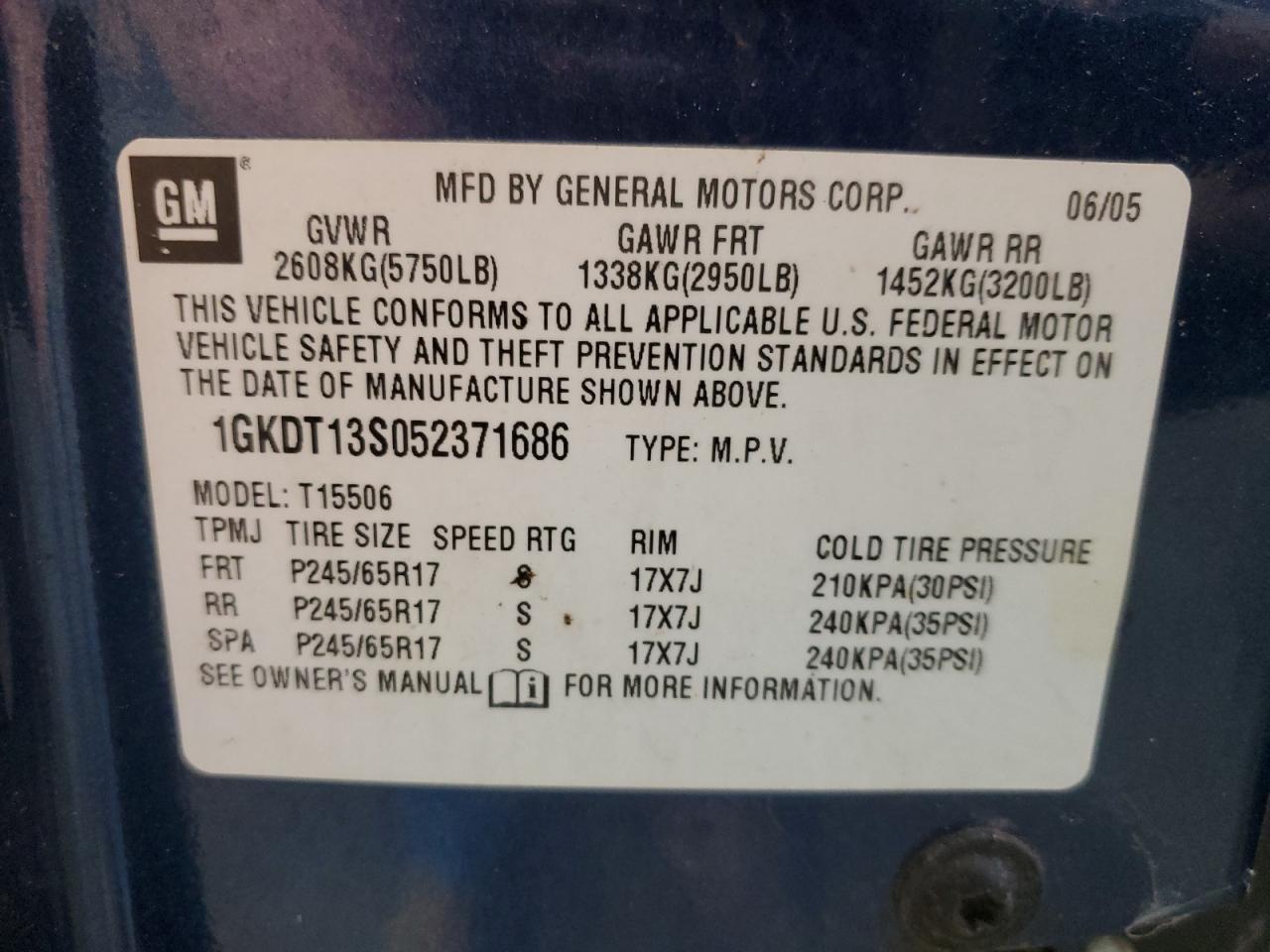 2005 GMC Envoy VIN: 1GKDT13S052371686 Lot: 59272065