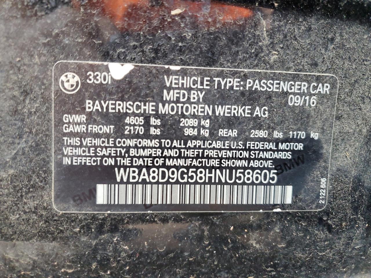 2017 BMW 330 Xi VIN: WBA8D9G58HNU58605 Lot: 59327225