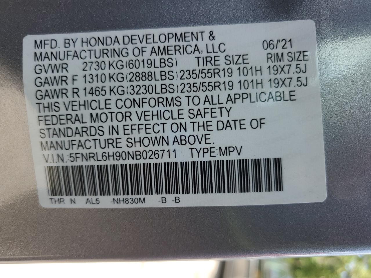 2022 Honda Odyssey Elite VIN: 5FNRL6H90NB026711 Lot: 62641935
