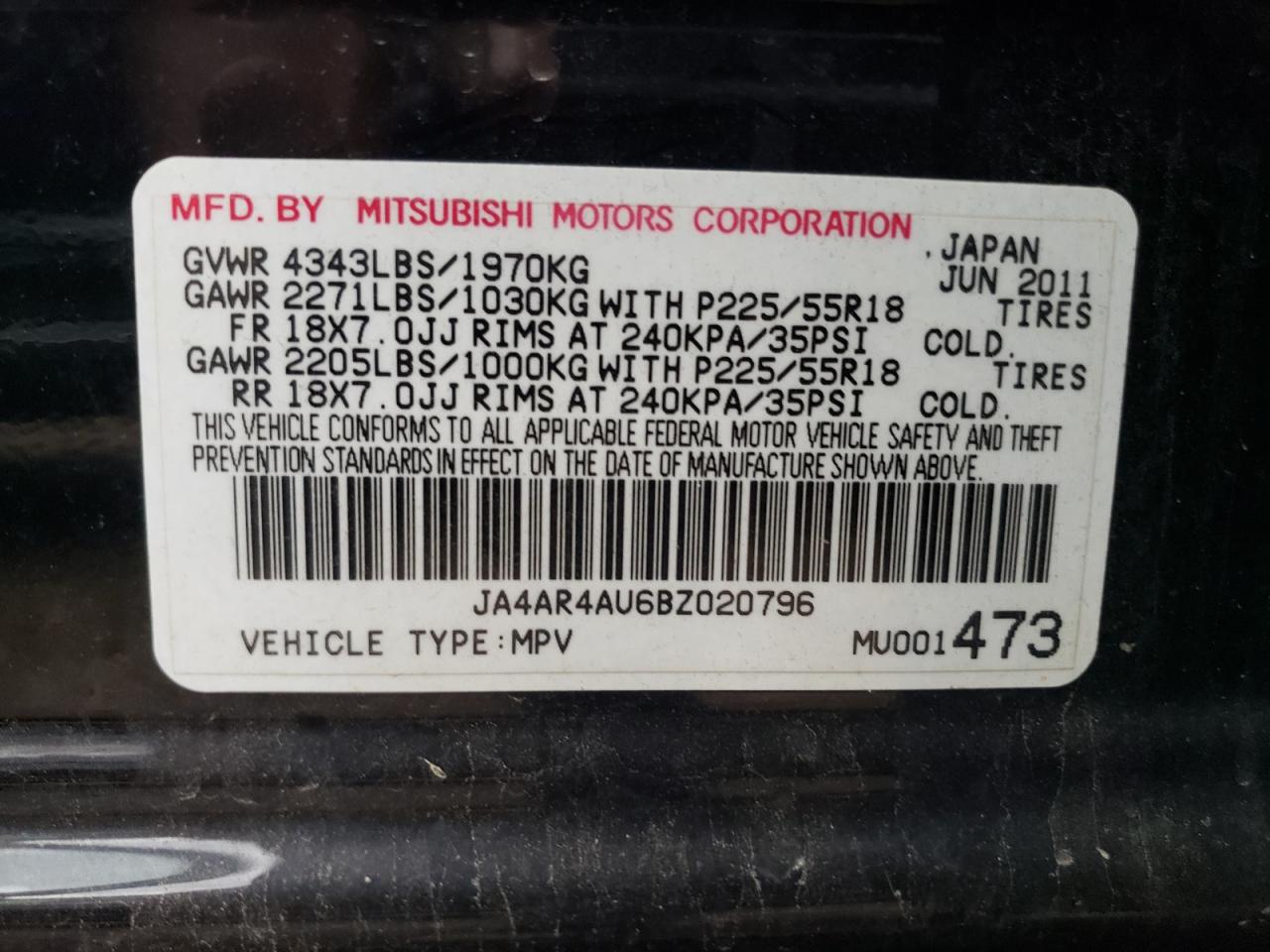 2011 Mitsubishi Outlander Sport Se VIN: JA4AR4AU6BZ020796 Lot: 61740275