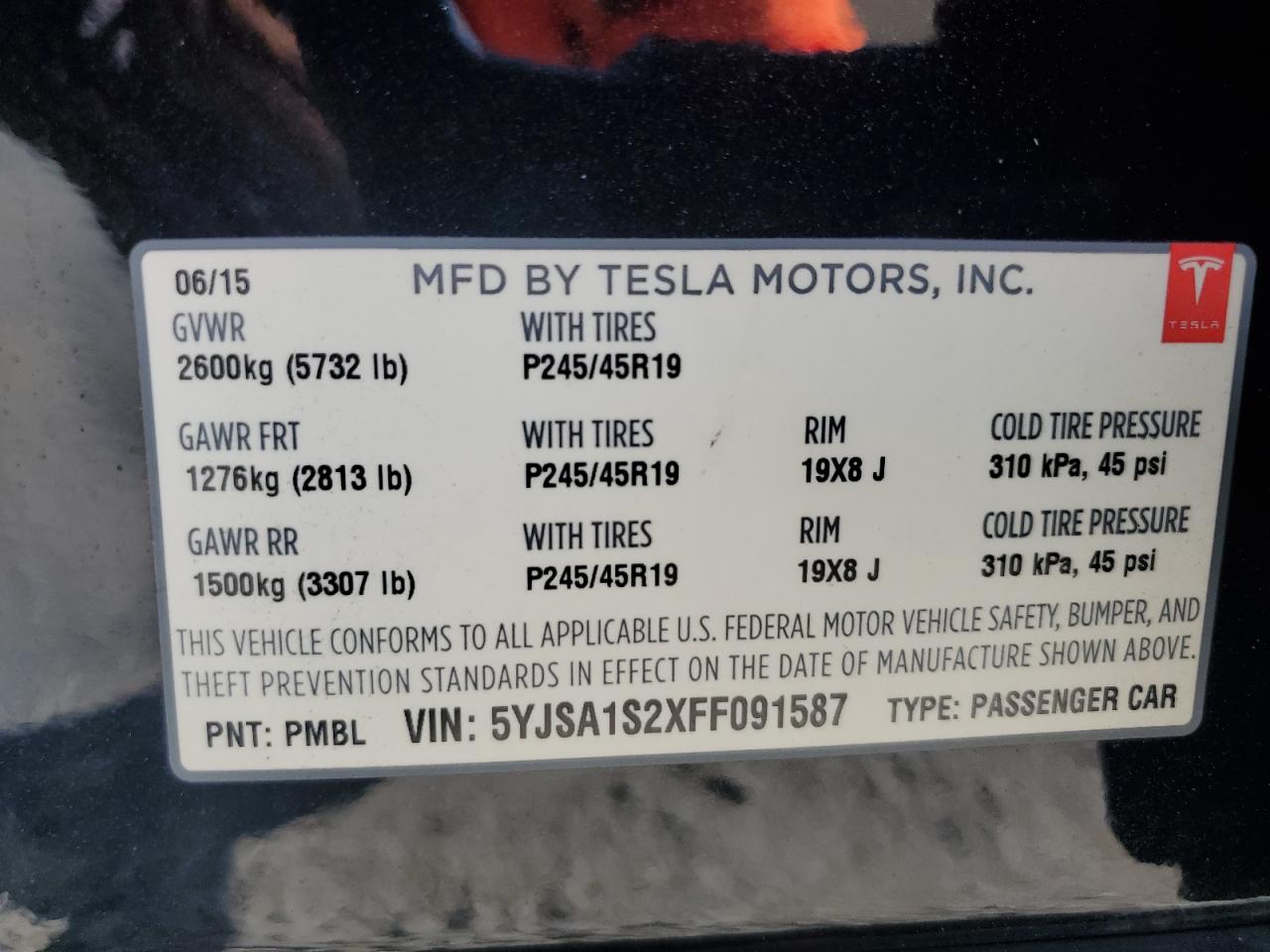2015 Tesla Model S 70D VIN: 5YJSA1S2XFF091587 Lot: 61937445