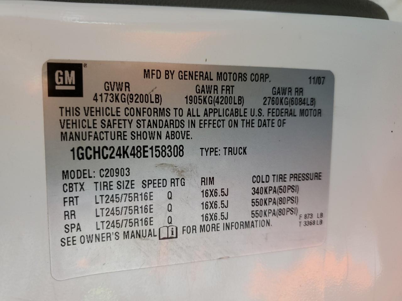 CHEVROLET ALL Models 2008 VIN 1GCHC24K48E158308 zdjęcie 12