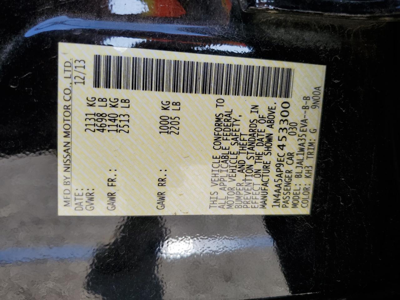 2014 Nissan Maxima S VIN: 1N4AA5AP9EC453300 Lot: 61740315