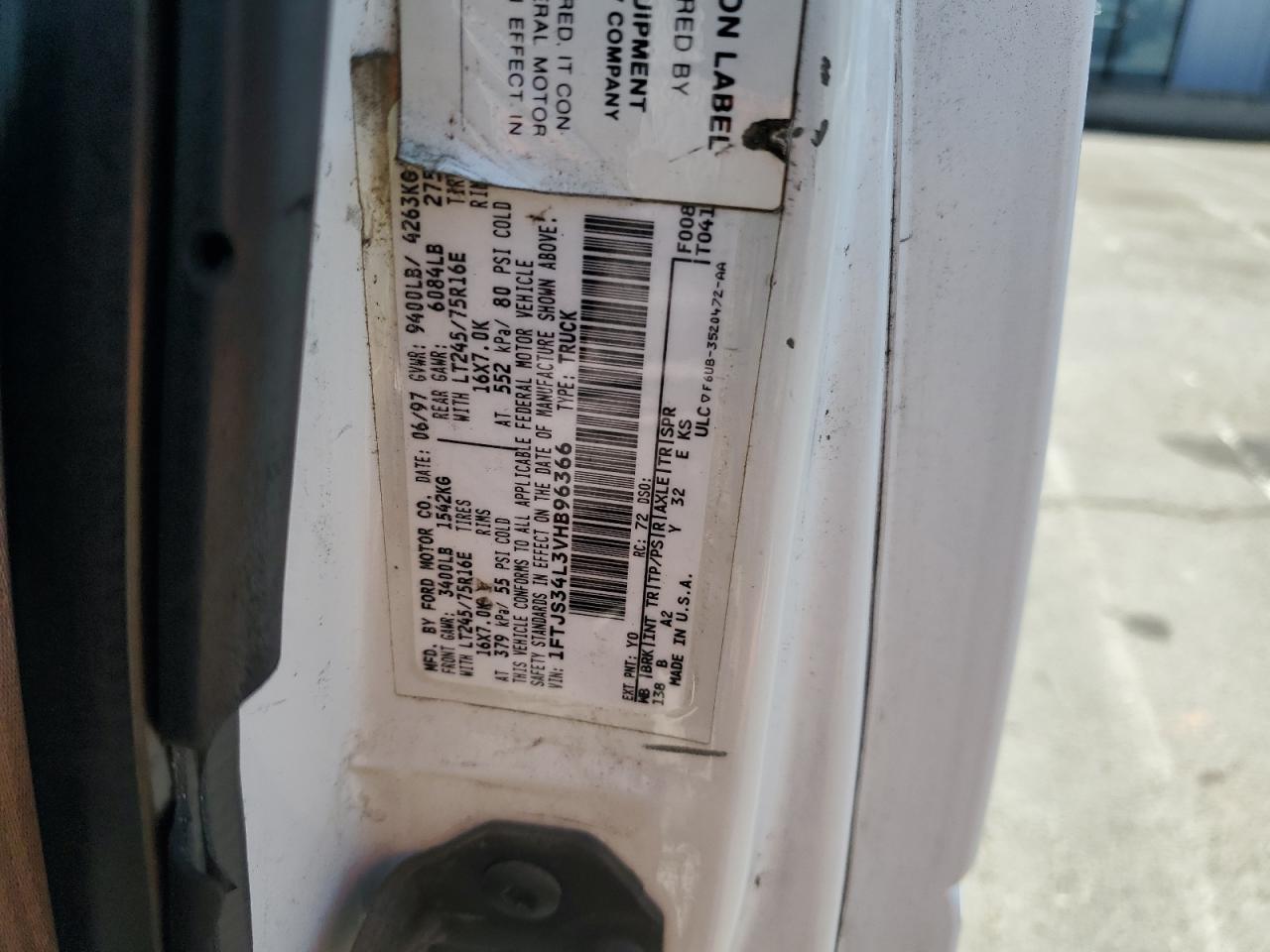 1997 Ford Econoline E350 Super Duty Van VIN: 1FTJS34L3VHB96366 Lot: 60678685