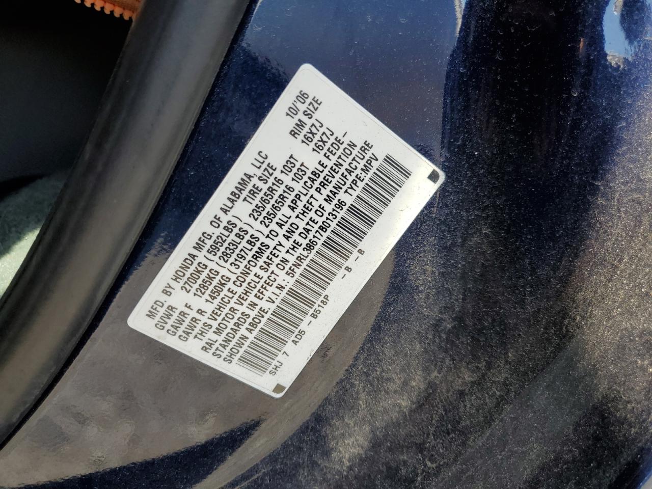 2007 Honda Odyssey Exl VIN: 5FNRL38617B013196 Lot: 61733835