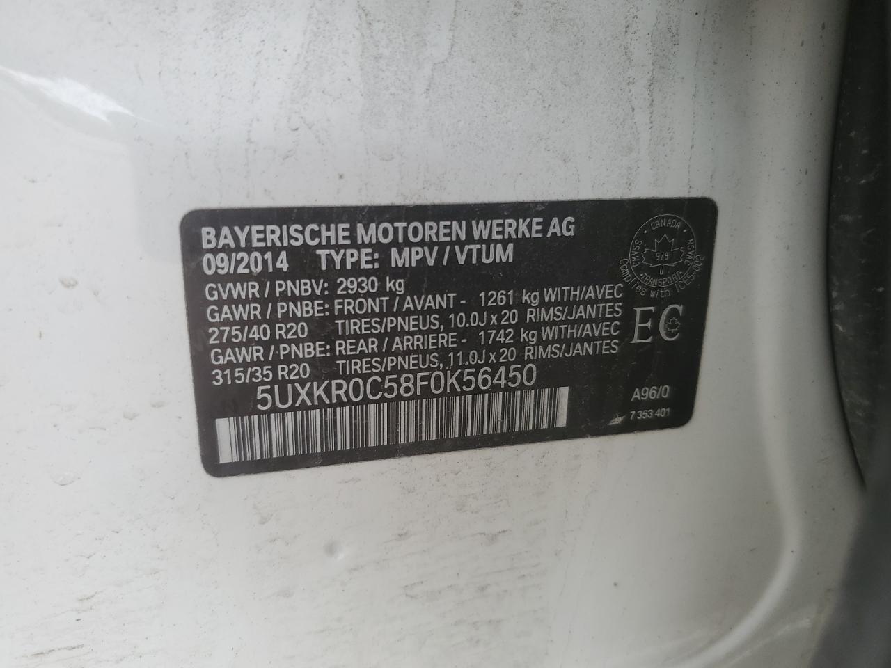 2015 BMW X5 xDrive35I VIN: 5UXKR0C58F0K56450 Lot: 61465195