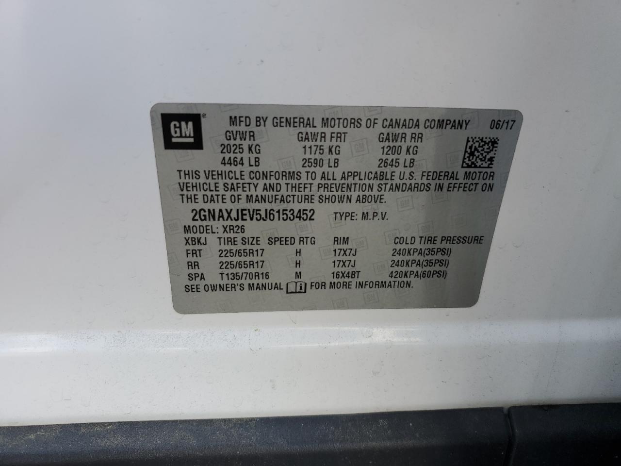2018 Chevrolet Equinox Lt VIN: 2GNAXJEV5J6153452 Lot: 63000795