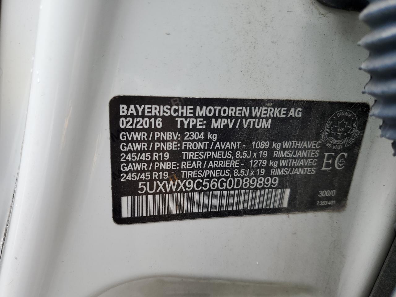 2016 BMW X3 xDrive28I VIN: 5UXWX9C56G0D89899 Lot: 62488415