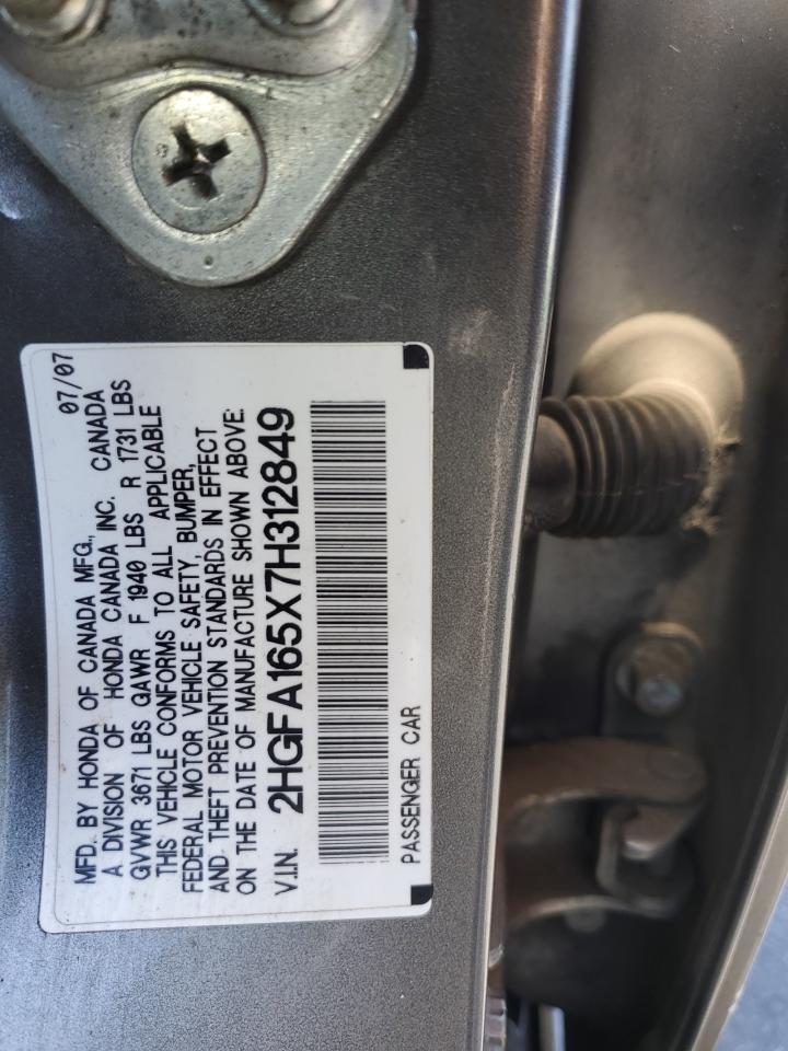 2007 Honda Civic Lx VIN: 2HGFA165X7H312849 Lot: 61576435