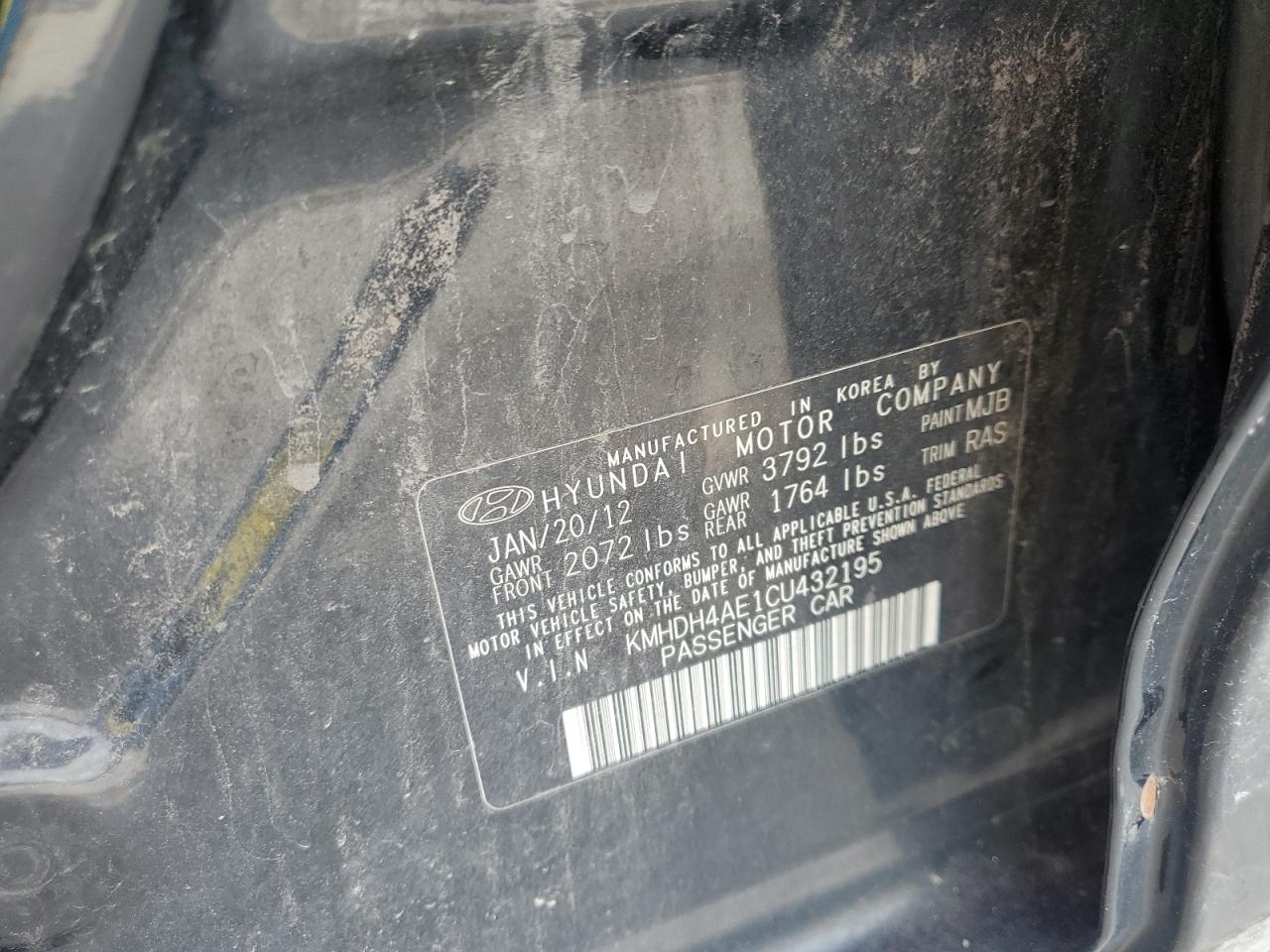 2012 Hyundai Elantra Gls VIN: KMHDH4AE1CU432195 Lot: 60733755