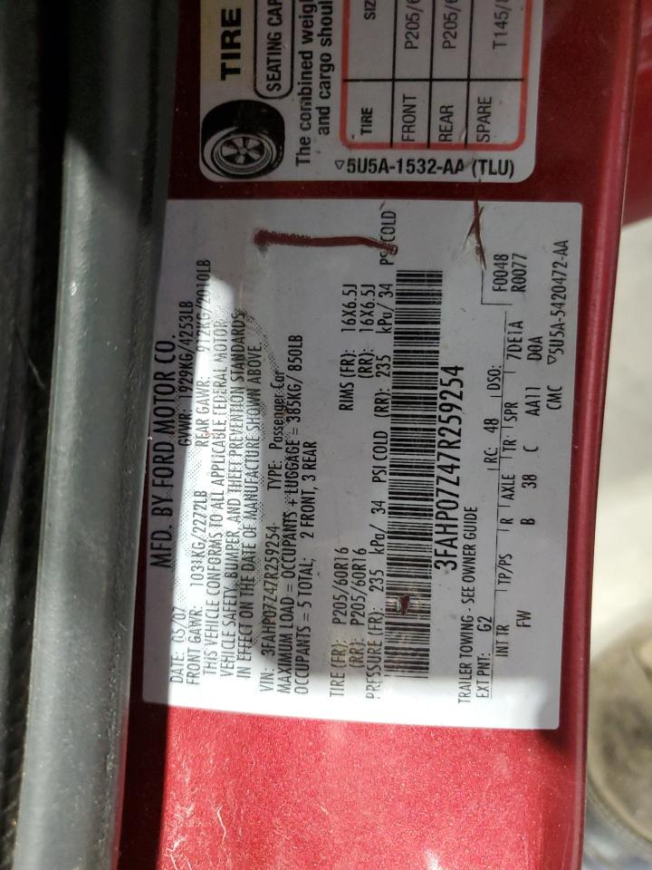 2007 Ford Fusion Se VIN: 3FAHP07Z47R259254 Lot: 60887055