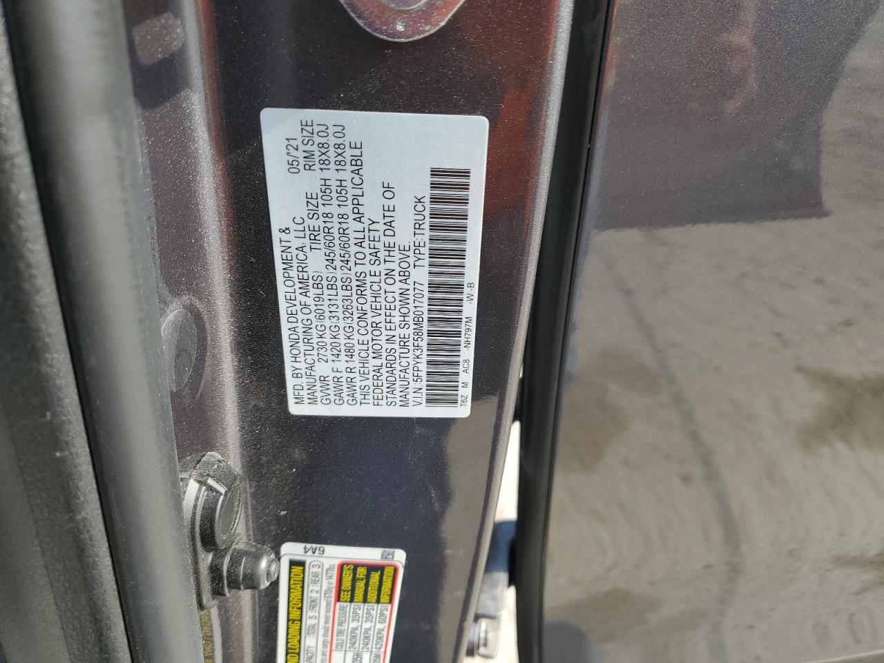 2021 Honda Ridgeline Rtl VIN: 5FPYK3F58MB017077 Lot: 60499275
